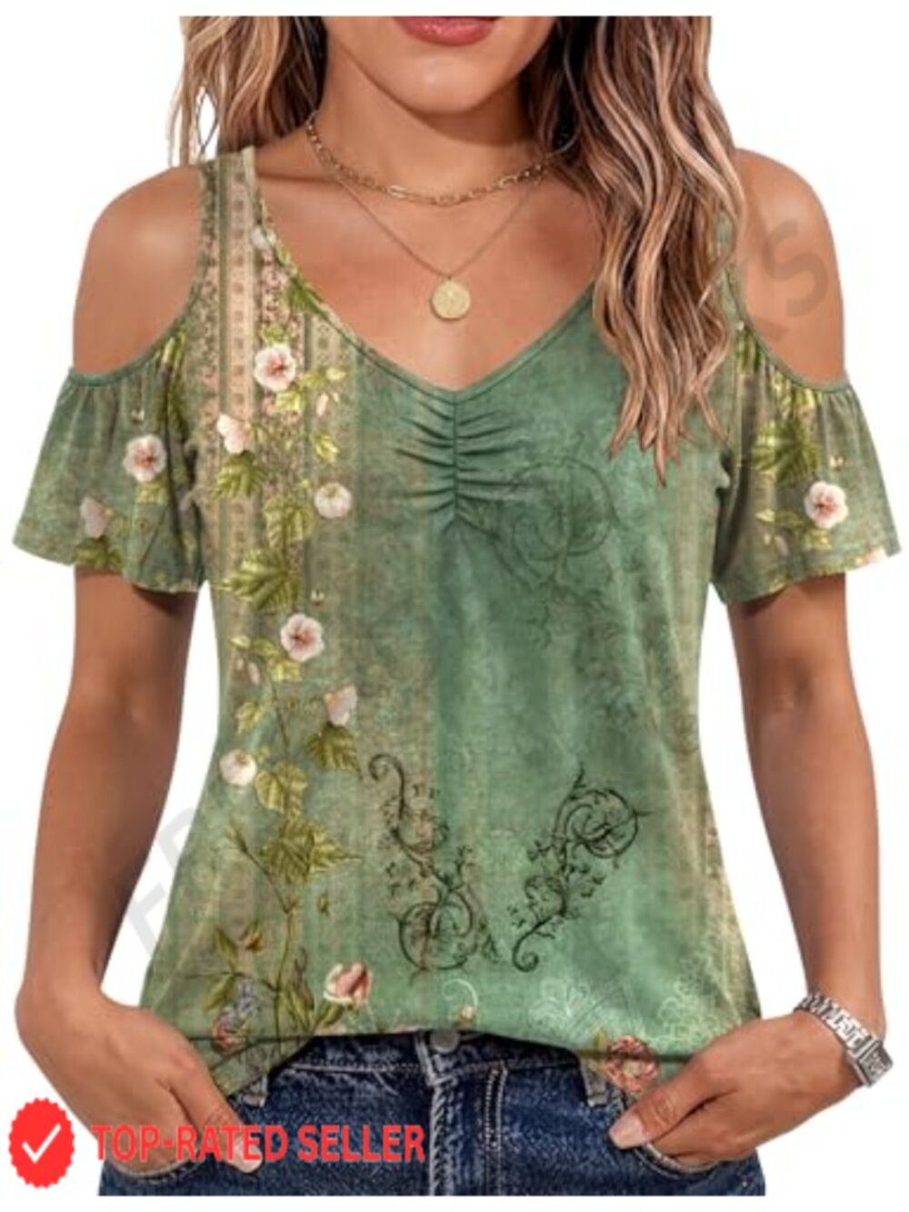 Cold Shoulder V Neck Ruffle Sleeve Blouse Tunic Top